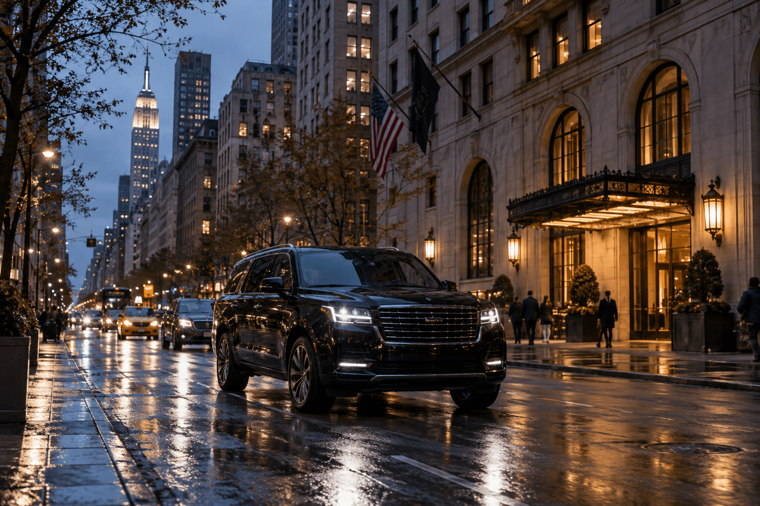Black executive vehicle traveling through New York City