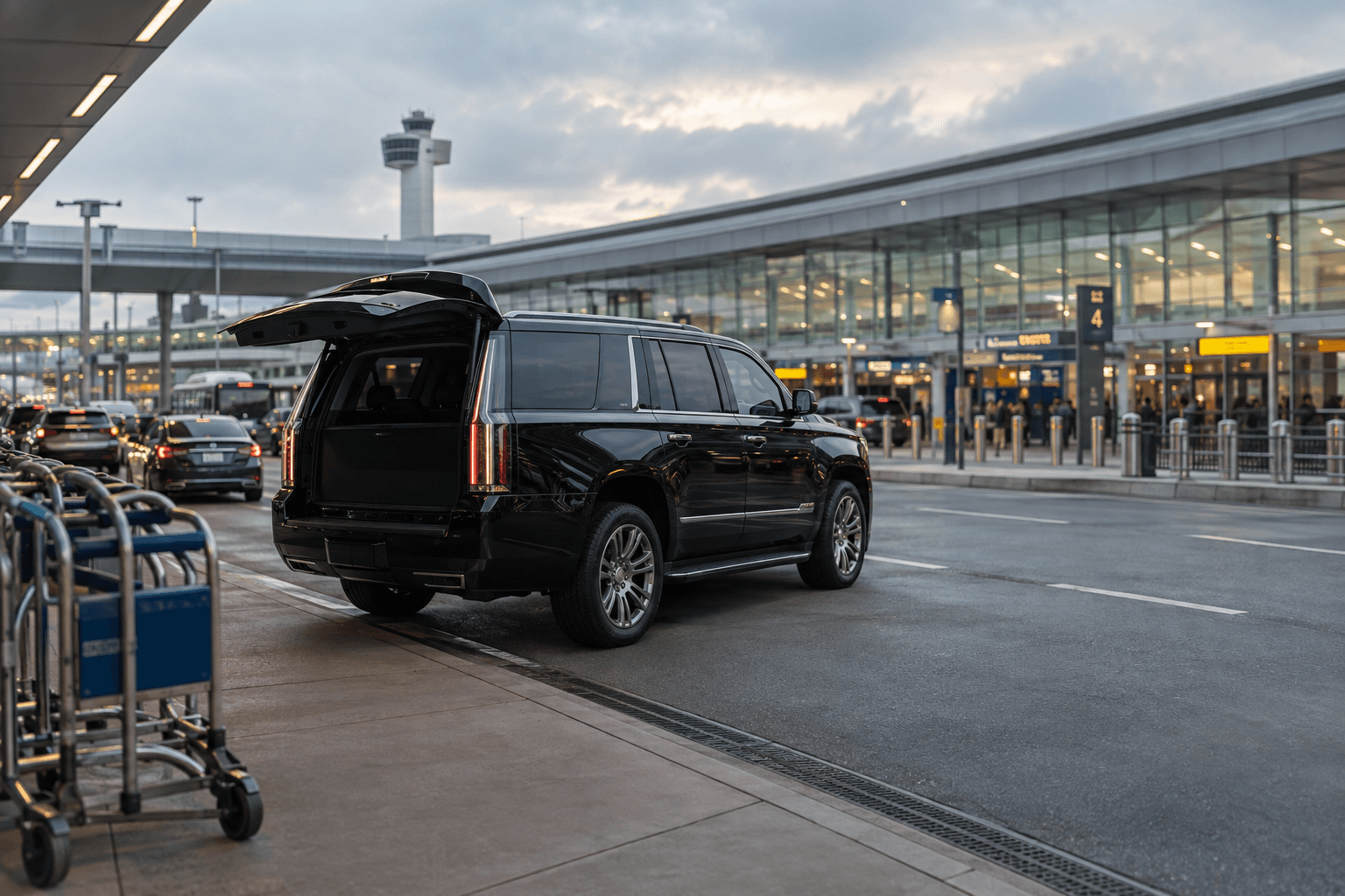 Black executive vehicle at a New York airport pickup area