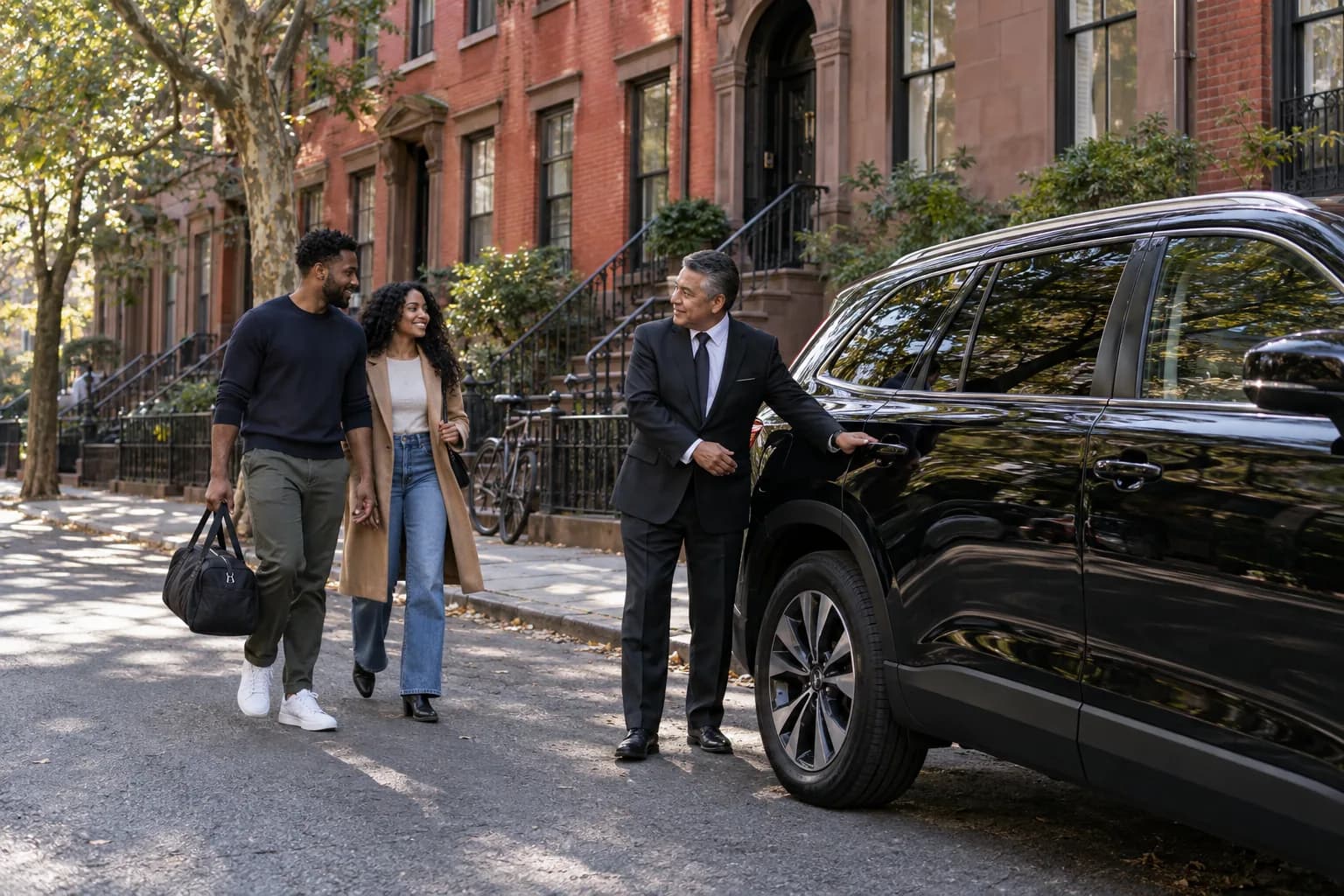 Black crossover pickup beside Brooklyn brownstone homes and neighborhood stoops