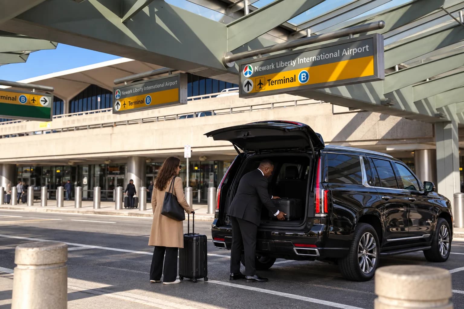 Black SUV pickup outside Newark Liberty International Airport Terminal B