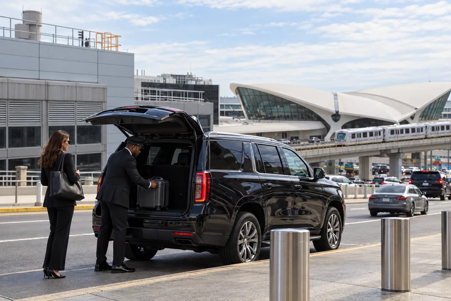Black SUV pickup beside the recognizable TWA Flight Center and AirTrain at JFK Airport