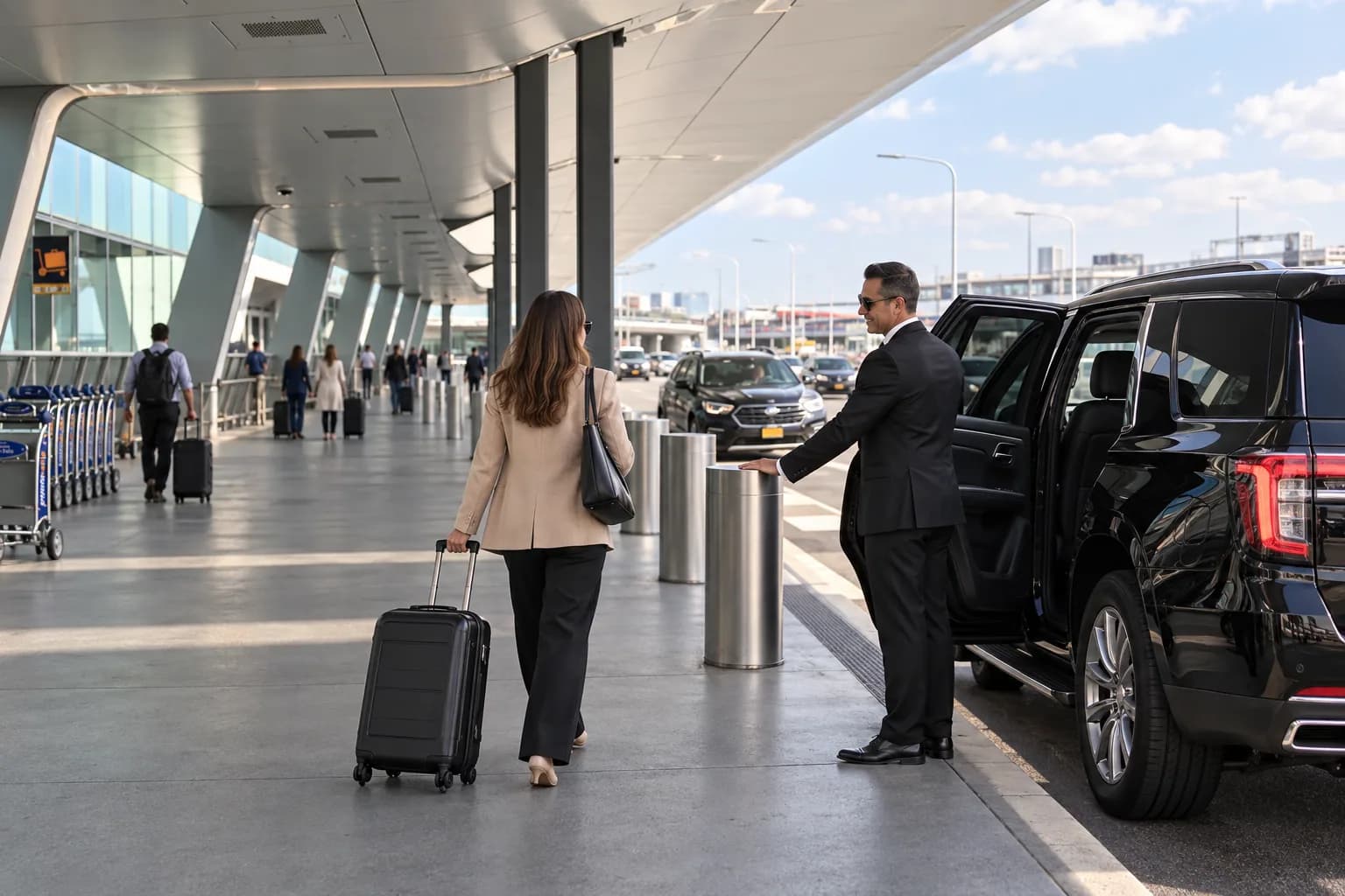 Black SUV pickup beneath the modern curb canopy at LaGuardia Airport Terminal B