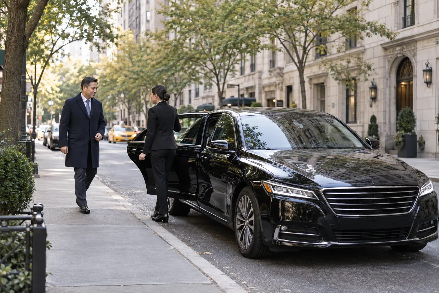 Black sedan pickup on a tree-lined Manhattan avenue with limestone apartment buildings