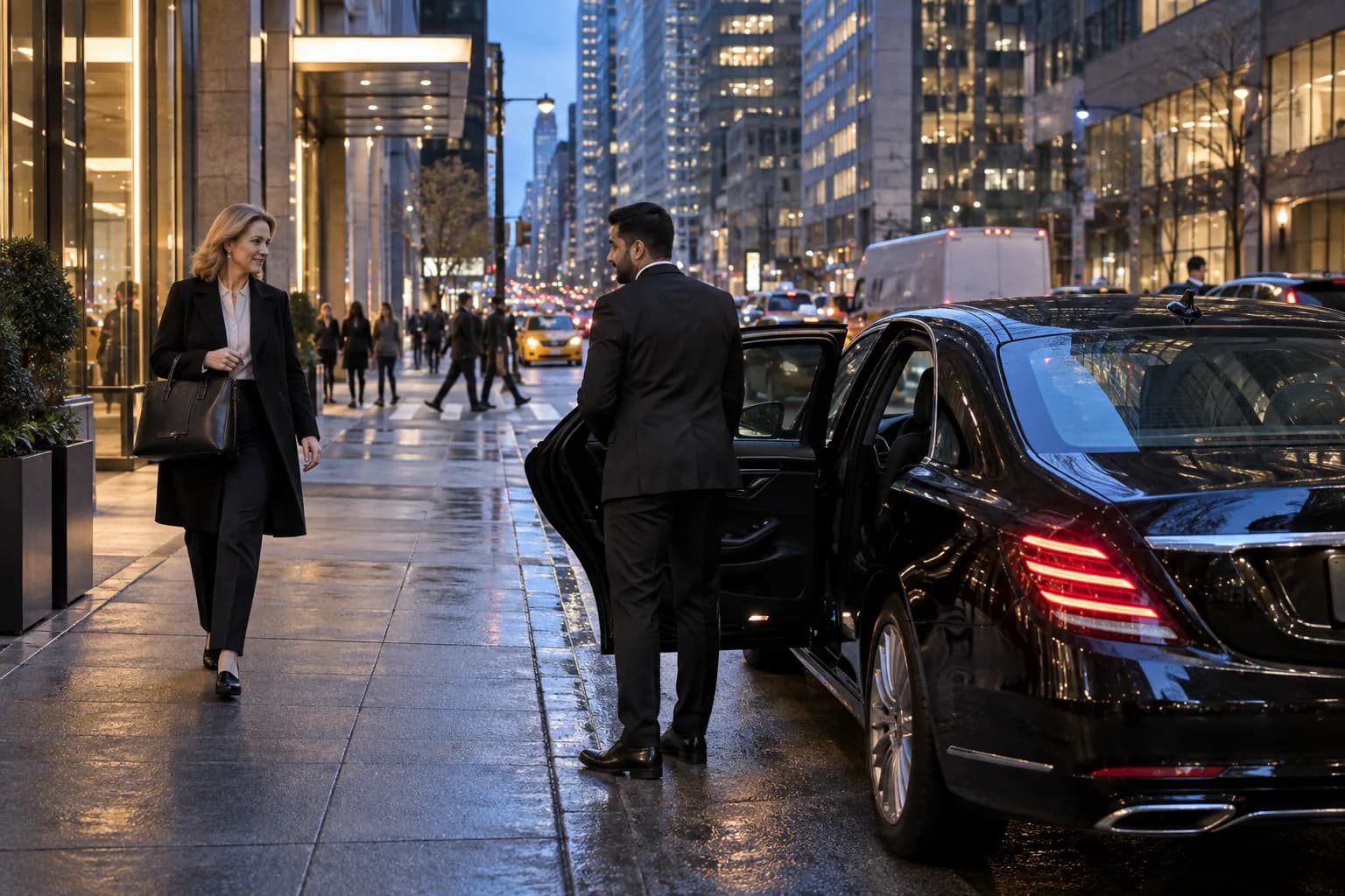 Black luxury sedan pickup outside a Midtown Manhattan office tower at blue hour