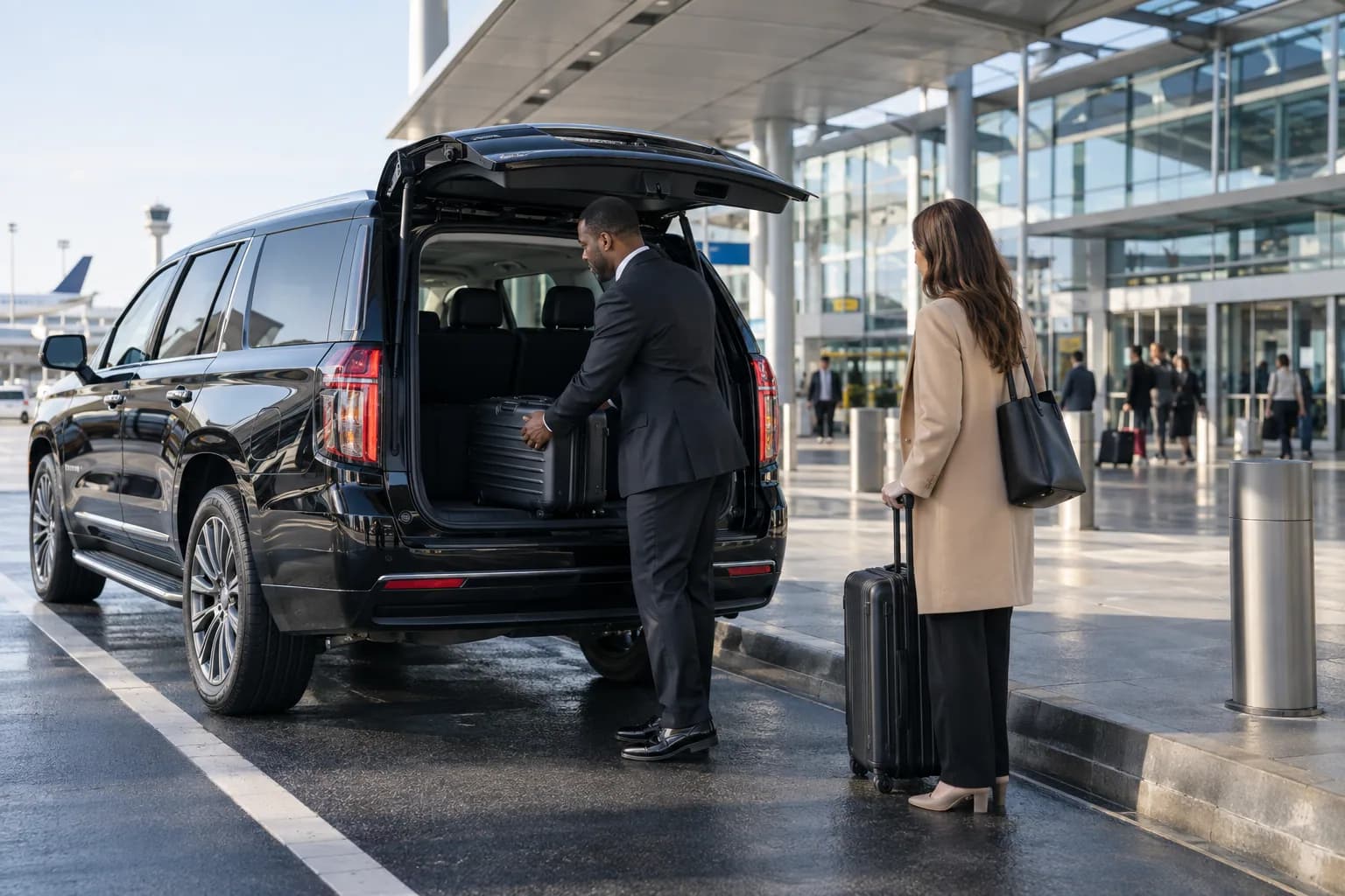 Chauffeur loading luggage into a black SUV at a New York airport pickup area