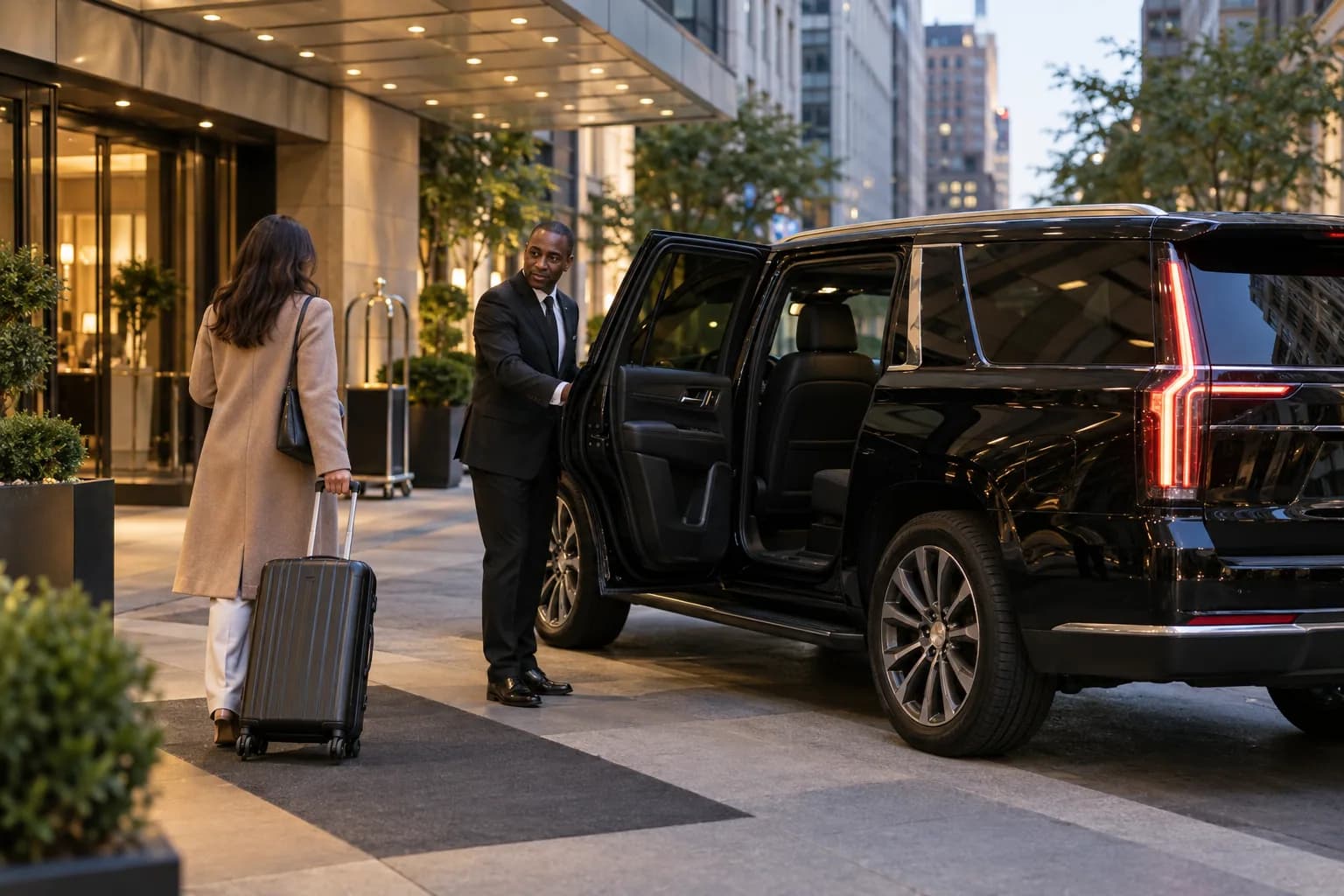 Prearranged black car pickup at a contemporary New York hotel