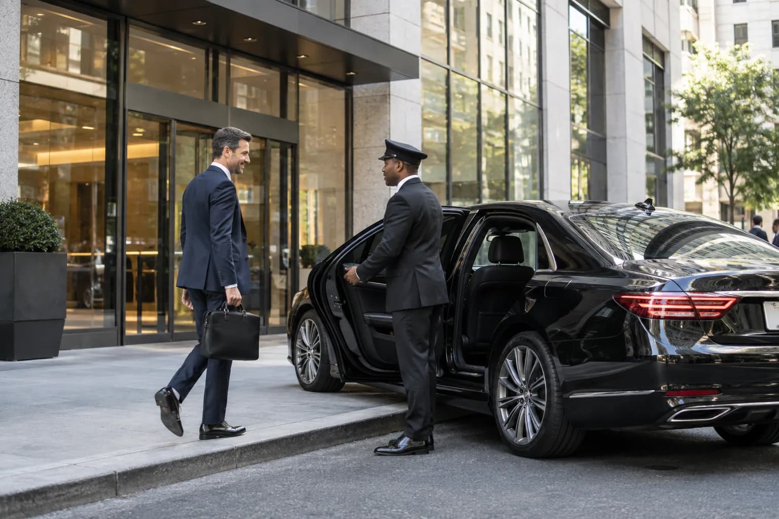 Corporate traveler meeting a chauffeur beside a black executive car in Manhattan