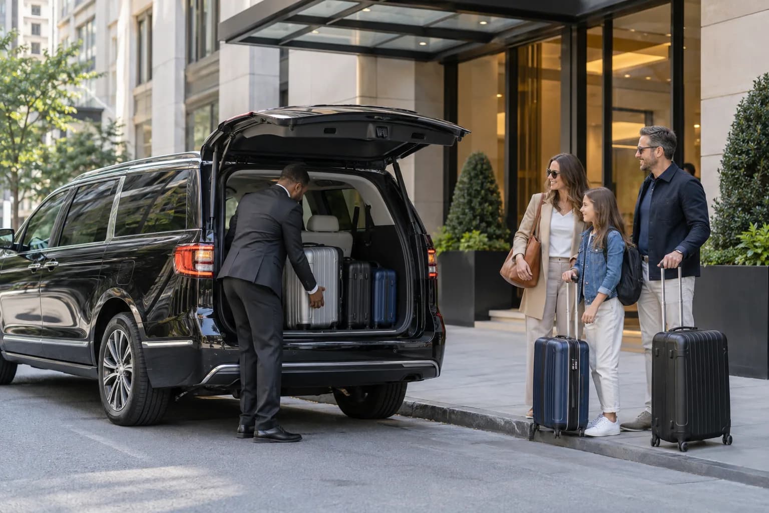 Chauffeur loading luggage for a small group traveling by private car in New York