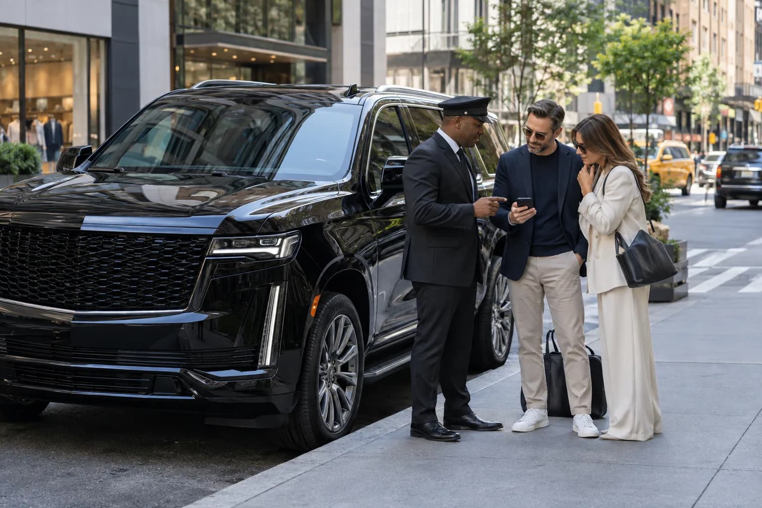 Travelers planning the next stop of an hourly black car itinerary in New York City