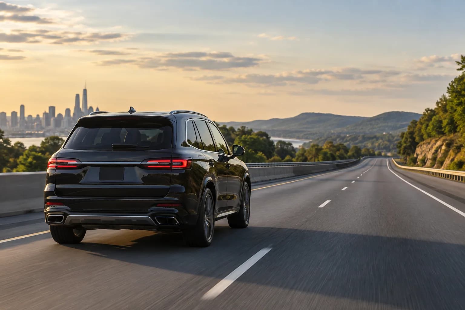 Black SUV traveling on a long-distance private trip from New York