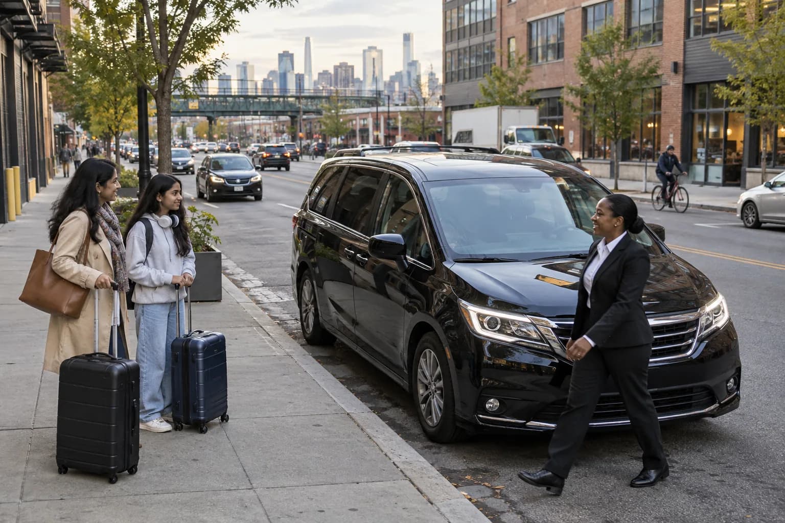 Black executive minivan pickup on a mixed residential and industrial street in Queens